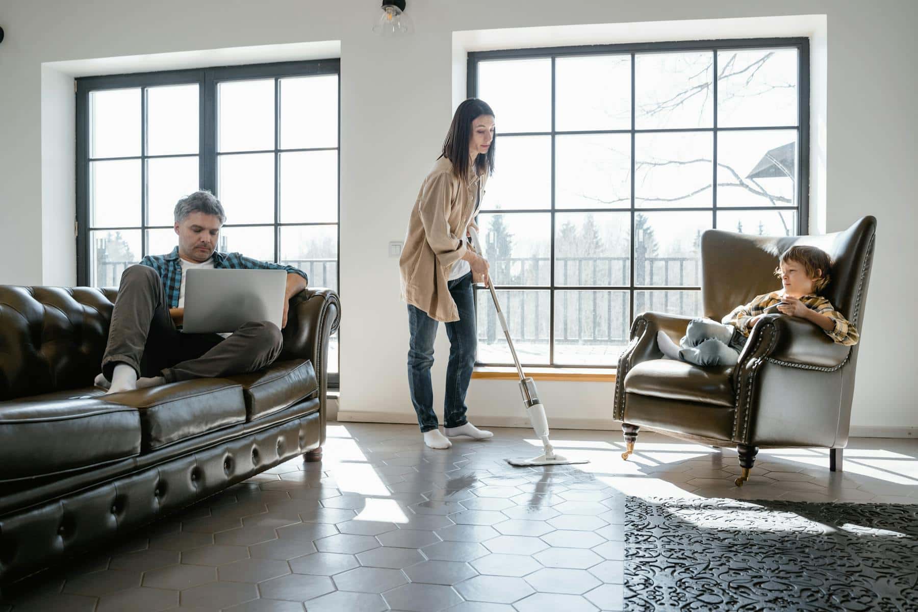 Family in a bright living room at home