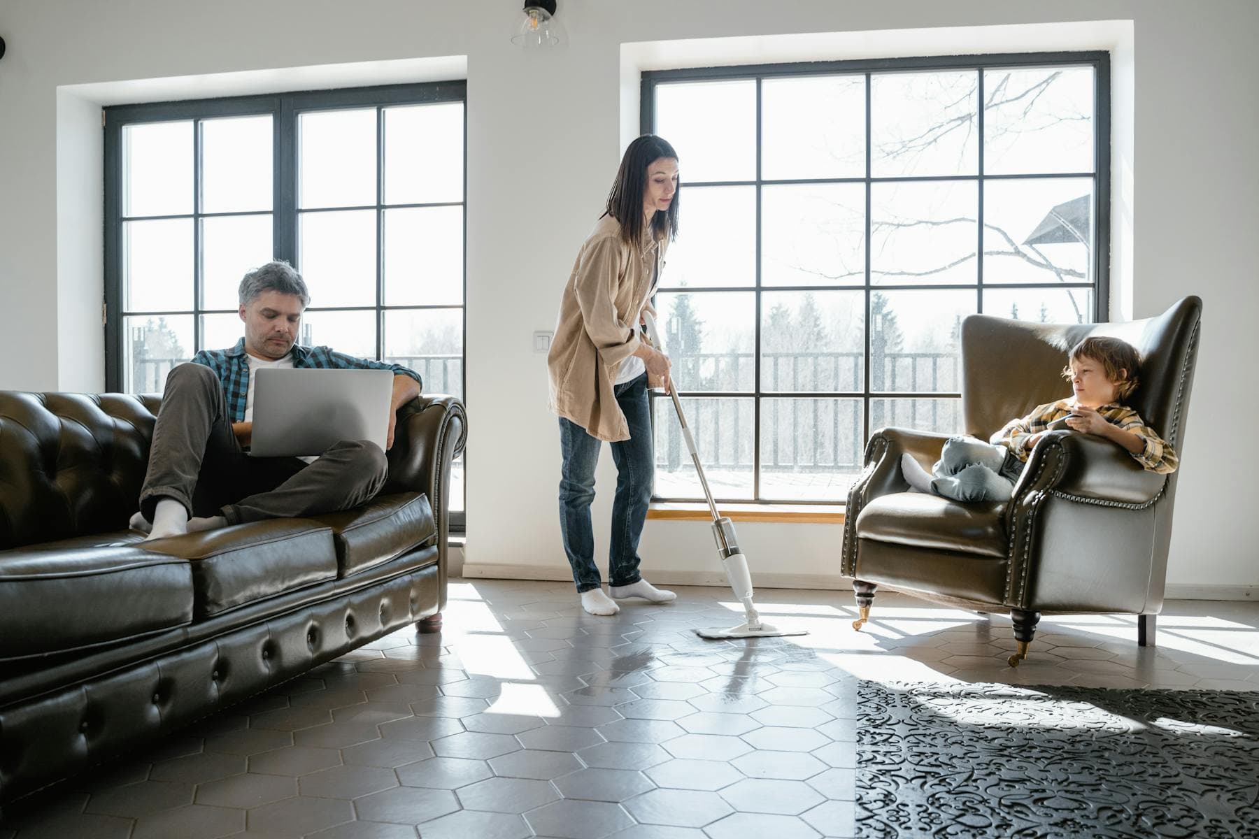 Family in a bright living room at home
